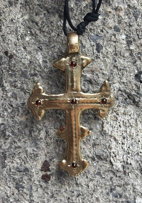 CATHERINE MICHIELS “DAVID’S CROSS #143” BRONZE & GARNET PENDANT