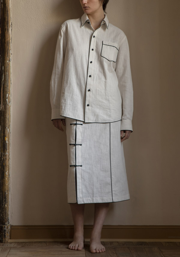 YALI MILANO LINEN "LOLA PIPING" WHITE MIDI SKIRT
