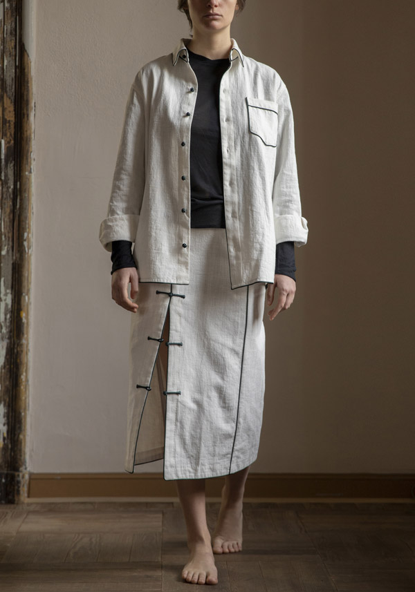 YALI MILANO LINEN "LOLA PIPING" WHITE MIDI SKIRT - Image 3