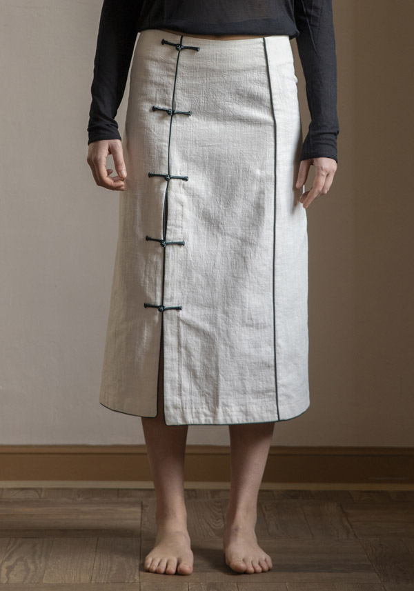 YALI MILANO LINEN "LOLA PIPING" WHITE MIDI SKIRT - Image 4