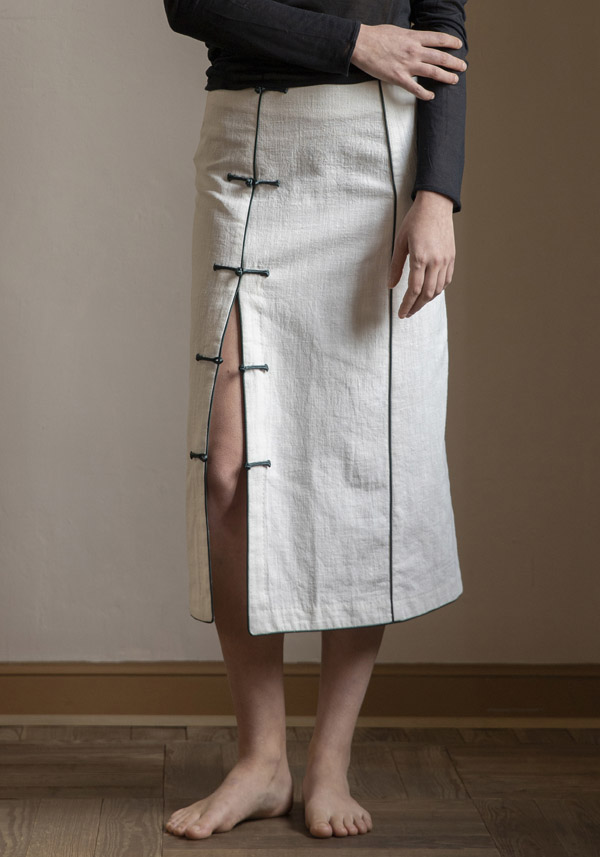 YALI MILANO LINEN "LOLA PIPING" WHITE MIDI SKIRT - Image 2