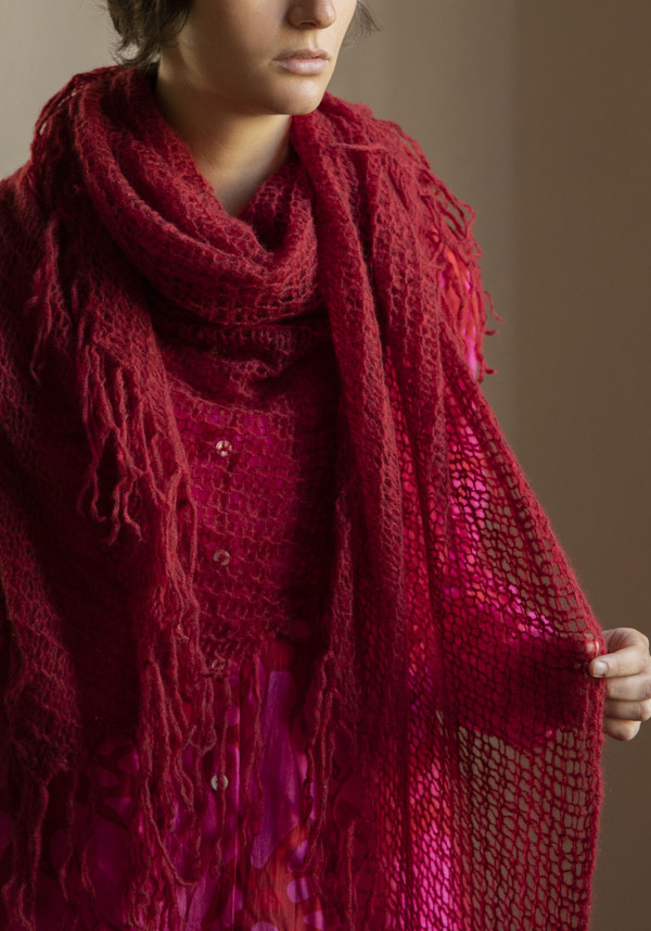 MIRROR IN THE SKY CASHMERE “NIMBUS” GARNET TRIANGLE SHAWL