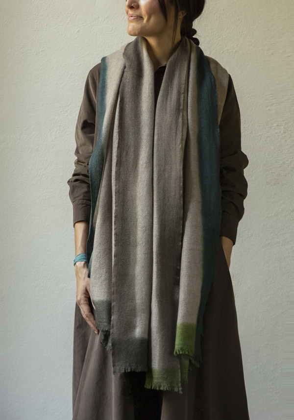 MIRROR IN THE SKY CASHMERE “MELANGE DIP DYE” TOAST & GREENS SCARF